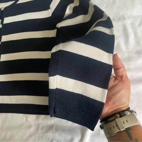 Liz Claiborne Cropped Navy Blue White Striped Nautical Inspired Button Cardigan - Picture 4 of 11